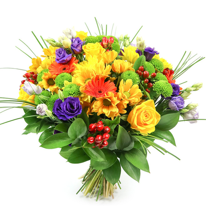 An abundant, hand-tied floral bouquet shown on a stark white background so every hue and texture registers with clarity. The overall silhouette is round and generous: sunny yellow roses with neatly spiralled petals and abundant yellow chrysanthemums set a bright, optimistic tone, complemented by small daisy-like yellow blossoms that scatter light across the surface. Warm orange gerbera daisies-recognisable by their bold, radiating petals and darker centres-provide instant visual warmth, supported by smaller orange daisy flowers that add playful detail. Dark purple lisianthus bring a note of sophistication and contrast, their delicate, layered petals forming a refined counterpoint to the warm tones; occasional lighter lavender and white lisianthus buds peek through, suggesting fresh growth. Lime-green button chrysanthemums (Santini) inject a lively, spherical texture, and clusters of glossy red Hypericum berries offer festive punctuation and a different, wax-like mouthfeel to the eye. Slender, spiky blades of ornamental grass rise from the centre, lending movement and a garden-fresh looseness, while a lush bed of dark green foliage-likely Ruscus-creates a rich backdrop for the blooms. The stems are neatly bound at the base, the clean cut ends visible and signalling recent preparation. Soft studio lighting reveals petal edges and subtle shadows, and the bouquet gives off a cheerful, uplifting scent profile and mood. This arrangement feels at home on a dining table after a visit to Golders Green Road market or as a bright, thoughtful gift for celebrations around the neighbourhood.