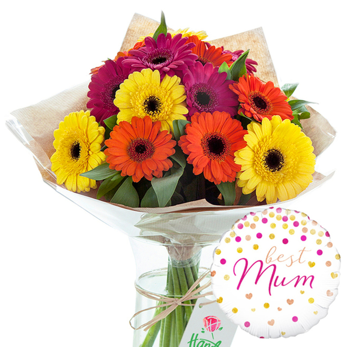 In this image, a hand-tied bouquet of gerbera daisies and a matching themed balloon are presented as an inviting, ready-to-gift set, the kind of arrangement often prepared by Flowers Golders Green for local deliveries around the high street and nearby residential roads. The bouquet itself is abundant with large gerbera blooms, each flower perfectly open so that its ring of narrow petals frames a darker central disk. Cheerful yellow, tangy orange, and rich magenta tones swirl together to create a vivid, almost painterly mix of colour. The petals appear slightly velvety, and the balance of shades makes the arrangement feel both lively and harmonious, ideal for a mum who loves bold, modern flowers rather than traditional roses. Pockets of deep green foliage are tucked between the blossoms, giving a gentle contrast and suggesting the freshness of early morning deliveries.
The florist has wrapped the stems first with a rustic sheet of light brown kraft paper, folded back at the top to reveal the flower heads, then encased everything in glossy, transparent cellophane for protection. A simple loop of natural twine is tied securely around the stems, its knot neat and unobtrusive, keeping the attention on the colourful blooms. The bouquet stands confidently in a tall, cylindrical glass vase filled with clear water, where the trimmed stems align in a tidy cluster and catch small reflections of light. To the lower right, a white round foil balloon completes the gift. Its surface is sprinkled with playful gold, pink, and peach dots and tiny heart shapes, evoking confetti tossed at a celebration. In the centre of the balloon, the phrase best Mum is written in smooth, cursive pink lettering, making the message of love unmistakable. The overall mood is one of gratitude, joy, and homely celebration, perfect for marking Mother's Day, a birthday brunch near Golders Hill Park, or any occasion when a mum in Golders Green deserves a bright, heartfelt surprise.