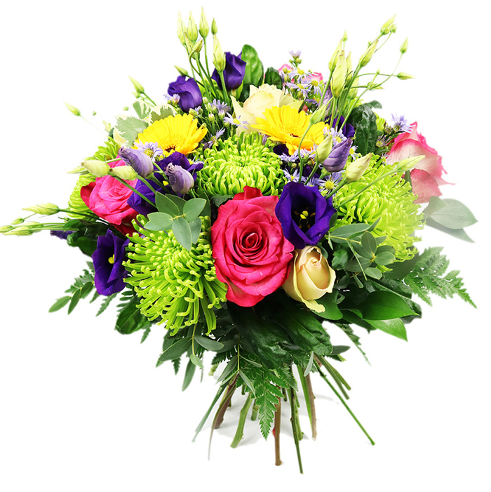 This image shows a lavish, hand-tied bouquet posed against a white studio background, a composition as bright and welcoming as a stroll through Golders Green on a sunny afternoon. The bouquet is arranged in a classic dome, densely packed yet carefully balanced to highlight each flower type. Dominating the centre are two or three fully opened hot pink roses, their rich fuchsia tones and velvety petals curling outward in generous layers, radiating warmth and affection. Surrounding them, lime green spider chrysanthemums form striking, pompom-like bursts; countless fine petals stretch and curl, creating a dynamic, almost sculptural texture that contrasts beautifully with the rose's smoothness. Deep indigo and royal purple lisianthus blooms nestle between these forms, some fully open with soft, ruffled edges, others in tapered buds, adding elegance and depth reminiscent of twilight skies over nearby Hampstead Garden Suburb. Scattered throughout the arrangement are bright lemon-yellow gerbera-style flowers, their open faces and tidy rows of petals lending a playful, sunny element that feels perfect for birthday surprises or congratulations delivered across Golders Green and the surrounding streets. A single creamy yellow rosebud, still tightly swirled, appears near the base, its subtle hue softening the stronger colours above it. Delicate lavender and periwinkle filler flowers peek out between the larger blossoms, while slim, upright white buds add height and a whisper of new growth. The foliage is lush and varied: broad, dark green leaves, lightly waxy to the eye; rounded, eucalyptus-like sprigs; and feathery fern fronds that spill slightly beyond the edge, creating a natural, garden-inspired outline. Crafted with visible professional care, this mixed-colour bouquet feels joyful, celebratory, and very much at home on a dining table or office desk in Golders Green, ready to mark an anniversary, a new baby, or a heartfelt thank you.