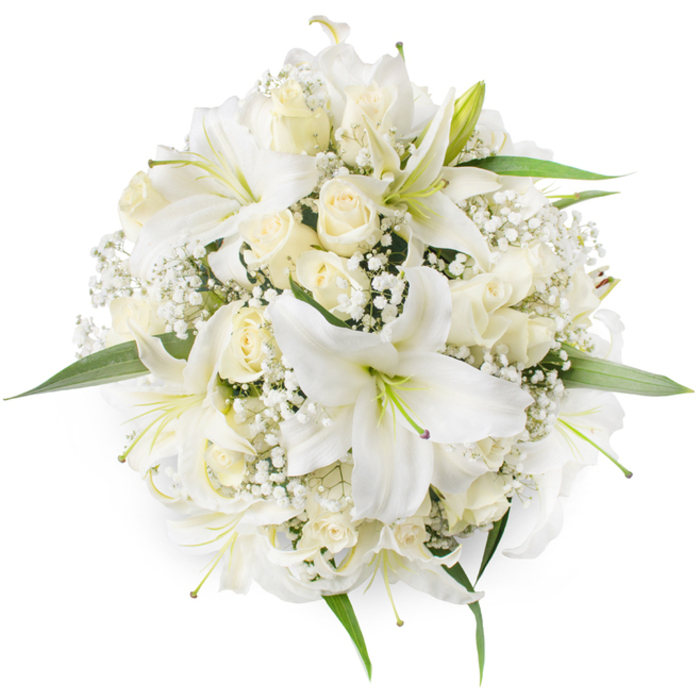 From an overhead vantage on a clean white field, this immaculate, symmetrical round bouquet presents a serene study in white and cream. Dominant are several oriental-style white lilies, their broad, open petals framing pale green stamens and subtle hints of cooler purple and green at the flower centres that add quiet depth to the otherwise luminous palette. Nestled among them are tight ivory roses and partially opened cream buds, their velour petals forming delicate rosettes and layered textures that invite the fingertips. Wisps of white baby's breath thread through the arrangement, producing a cloudlike veil that softens edges and fills negative space with fine detail. A smattering of vibrant green leaves emerges around the perimeter, their clean lines and glossy surfaces offering a refreshing contrast and visually lifting the bouquet from the white background.

The bouquet's scent profile is layered: the lilies lend a fresh, sweet green aroma while the roses provide a classic, heady note, and together they suggest the calm of an early morning stroll past local flower stalls near Finchley Road and the quiet gardens around Hampstead. The composition is dense yet airy, crafted to read beautifully as a bridal posy or a refined centrepiece; it is both celebratory and composed, conveying purity, devotion, and tasteful restraint. Technical care is visible in the uniform spacing of blooms and the considered use of texture - an expert hand has balanced scale, scent, and silhouette to create a bouquet that feels locally made and thoughtfully finished.