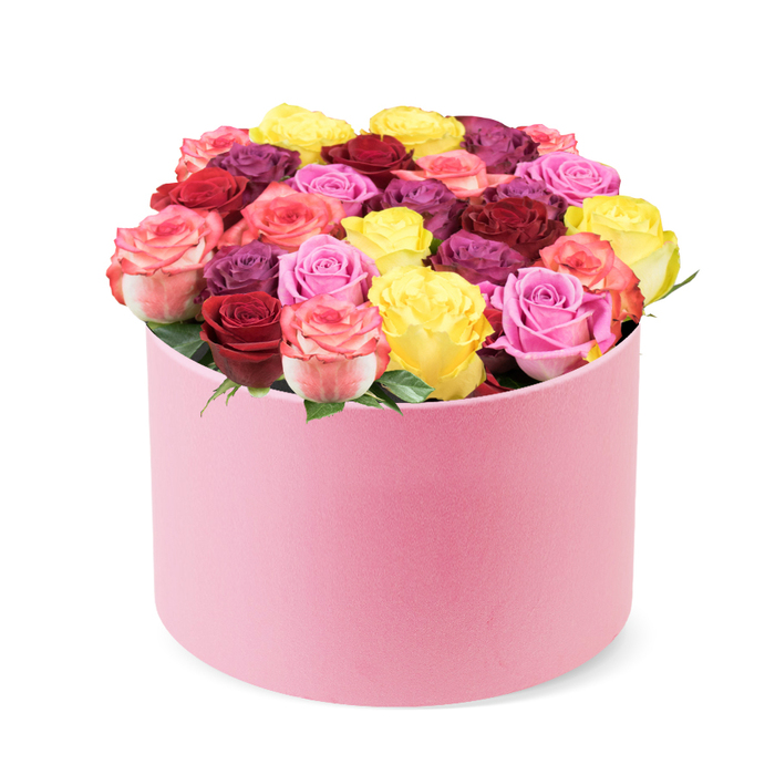An elegant rose box of soft pink velvet arrives in a quiet studio light, the rounded box resting on a stark white backdrop. The cylindrical form and the slightly curved lid reveal a dense display of roses, approximately thirty to forty blooms forming a domed sculpture that overflows from the box. The fresh roses showcase a rich tapestry of colors: cheerful bright yellow, romantic deep red and burgundy, various shades of pink ranging from soft blush to vibrant fuchsia and multi-toned petals with hints of cream, and opulent purple-plum hues. Each rose appears perfectly bloomed, with healthy, tightly packed petals, indicating peak freshness and premium quality. A few vibrant green leaves are visible peeking between the full blossoms, adding a natural touch of freshness and contrast.

This elegant rose box embodies premium flower delivery and makes an ideal gift for Valentine's Day, anniversaries, birthdays, Mother's Day, or just to brighten someone's day. Its exquisite design and diverse color palette suggest themes of love, celebration, beauty, and sophisticated home decor, making it a perfect visual for articles on luxury gifts, floral trends, special occasion bouquets, or tips for choosing the perfect flower arrangement. The generous rounded form, with the velvet-like exterior, signals meticulous craftsmanship and a timeless, modern aesthetic near Golders Green.