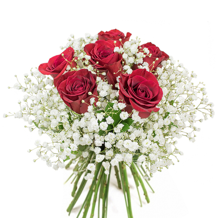 I take particular pleasure in arranging bouquets like this: about 18-20 deep crimson roses gathered into a tight, domed formation and encircled by clouds of tiny white gypsophila. The roses are rich and saturated in colour, their cupped petals layered in velvety folds that catch light in gradients from dark wine to bright crimson; the baby's breath offers a soft, frothy counterpoint, its miniature blossoms creating a lacy texture that both frames and lifts the heavier rose heads. The clear glass vase reveals the straight, green stems and the freshness of the water, lending an honest, botanical foundation to the romantic top. The composition is compact and lush by design - every bloom placed to support the others so the bouquet reads cohesive and generous even from close inspection. Imagine this sitting on a white mantel or beside a kettle in a kitchen near Golders Green Road, the aroma of roses drifting lightly, inviting reflection or conversation. The overall mood is classic romance balanced with homely warmth: appropriate for anniversaries, heartfelt apologies, or to mark a milestone birthday where affection is the message. My hands choose each stem for symmetry and life; my eye ensures the gypsophila fills spaces without overpowering the roses' drama. In the neighbourhood this arrangement often becomes the floral signature for intimate celebrations and thoughtful surprises delivered after a stroll past the local market or a sunny afternoon in Golders Hill Park. The result is a bouquet that feels curated, familiar, and honest - a clear statement of feeling rendered through careful florist craft.