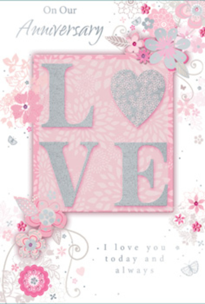 The anniversary card shown here unfolds like a gentle declaration of lifelong love, its design composed with the same thoughtful balance a florist might bring to an intimate bouquet. At the centre, the word LOVE rises in embossed letters, each one finished with a layer of frosted glitter that shimmers softly, never harsh or overpowering. The sparkle appears almost velvety, inviting fingertips to linger, much like the natural texture of fresh petals in a luxury arrangement. Around this central word, wispy, hand-drawn flowers and fine sprays stretch out towards the card's edges, framed by shades of blush pink, lilac-tinted greys, and creamy ivory. The blooms feel light and airy, their stems and leaves forming delicate filigree lines that curl and twist as if caught by a gentle breeze drifting across a Golders Green garden. Hidden among the floral tracery, tiny details-minute leaves, faint scrolls, and the suggestion of butterfly wings-create a sense of quiet movement and discovery. The soft pink background has a powdery, almost cloud-like quality that heightens the romantic mood, like the sky just before sunset over nearby Hampstead Garden Suburb. In the lower part of the design, the message I love you today and always appears in an understated, graceful typeface, giving the artwork a clear emotional centre without disturbing its calm elegance. The card feels like a hand-tied bouquet translated into paper: gentle, refined, and deeply personal. It would be the kind of anniversary greeting you might choose alongside a subtle arrangement from Flowers Golders Green, perfect for expressing enduring devotion in a tender, timeless way.