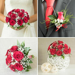 This collage of four wedding images showcases a timeless red rose and baby's breath theme, captured with the intimacy of a local celebration in Golders Green. In the top-left panel, a bride in a traditional white lace wedding dress cradles a perfectly rounded bouquet. The flowers are tightly clustered, with velvety red roses layered petal upon petal, enveloped in a halo of airy white gypsophila. Hints of deep green foliage nestle between the blooms, giving the bouquet a lush, full appearance that feels both classic and contemporary, as if ready to be carried down the aisle at a ceremony just off Finchley Road. The top-right panel zooms in on the groom's boutonniere, pinned neatly to a charcoal-grey suit jacket worn over a bright white shirt and vivid red tie. A single red rosebud sits at the centre, framed by delicate baby's breath, slim green leaves, and fine strands of decorative grass, all gathered with a small red satin ribbon that mirrors the tie's colour. Below, on the left, another rounded bouquet of red roses and gypsophila lies on a light grey textured surface, its stems carefully wrapped with red and white striped twine that hints at a handcrafted, bespoke touch. Each rose head is open and generous, the baby's breath filling the gaps like soft white mist. On the bottom-right, a charming wedding centerpiece displays a compact dome of red roses and white baby's breath set upon a white spherical vase made from interwoven, rattan-like strips. Two smaller woven spheres in an off-white tone rest in front, creating a cohesive, elegant table display perfect for a reception in one of the intimate venues around Golders Green and nearby Hampstead Garden Suburb.