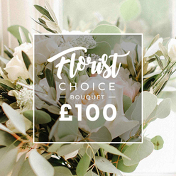 At Flowers Golders Green, the Florist Choice Bouquet is presented as a poised centerpiece, perfectly centered in the frame, radiating calm and refined taste. The palette rests on pristine white blooms and soft pink accents, with roses and peonies forming a generous cushiony heart. Each petal glistens with a gentle satin sheen, as if dew kissed, while the surrounding greens provide a lush forest-like whisper. Eucalyptus leaves pale and silvery mingle with slender olive branches, their slender stems tracing graceful lines that guide the eye through the arrangement. The overall effect is one of natural elegance, as if lifted from a garden walkway at dawn in Golders Green's tranquil streets near Temple Fortune Park. The light is soft and diffused, producing a bright airy atmosphere with small points of bokeh in the background that hint at celebration without shouting.

A crisp white overlay sits across the middle, bearing the familiar Florist label at the top, CHOICE in bold, and BOUQUET tucked beneath with a faint horizontal flourish on either side, giving the text a quiet modern balance. Beneath the overlay, the price appears in sturdy white type: £100. This image functions as a premium product photograph for a curated bouquet designed for delivery to Golders Green households, ideal for birthdays, anniversaries, or moments when you want to send a thoughtful luxury gift. It's crafted with fresh stems and a skilled hand, meant to convey reliability, seasonal freshness, and the joy of sending flowers to loved ones just around the corner on Finchley Road or in Hendon.
