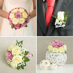 This four-part wedding image feels like a curated lookbook from a local Golders Green florist, bringing together bridal bouquet, groom's boutonniere, bridesmaid flowers, and table décor in one harmonious story of roses. In the top left panel, the bride appears from the shoulders down in a white dress with delicate lace along the bodice, her hands gently enclosing a round, tightly packed bouquet. Cream and pale yellow roses nestle beside deeper pink and mauve blooms, each head full and open, with airy clouds of white baby's breath and glimmers of green foliage tucked between the petals. The bouquet appears weighty yet soft, the kind of design one might carry out of a studio just off Finchley Road on a crisp wedding morning. The top right frame brings us closer to the groom's details: a deep charcoal suit jacket, a sharply pressed white shirt, and a smooth, bold red tie provide the backdrop for a single white rose boutonniere. The bud, surrounded by a halo of baby's breath and small green leaves, is tied with a precise white satin bow, the texture of the ribbon contrasting with the clean weave of the jacket. In the bottom left, a bridesmaid's posy lies on a lightly textured off-white linen surface. It mirrors the main bouquet with cream and yellow-cream roses, magenta-pink accents, fluffy white fillers, and loose greenery, finished with a cheerful pink-and-white striped ribbon handle that feels youthful and relaxed. The bottom right panel completes the set with a compact mound of roses and baby's breath cradled on a white, twig-woven spherical vase, flanked by two smaller woven decorative orbs, suggesting an elegant yet naturalistic table centerpiece suitable for receptions around Golders Green and nearby Hampstead venues.