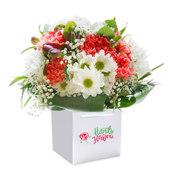 Bathed in soft, gentle light, a lush bouquet rises from a sharp white gift bag, its composition echoing the harmonious blend of cultures and colours found throughout Golders Green. The carnation's velvety petals-ranging from dusky coral to intense red-have an almost painterly softness, undulating and curling with a vitality that feels alive in your hands. Each frilled edge catches the morning light as if suffused with warmth, while snowy white daisies beam with cheerful clarity, their sunny green centres popping out like the first buds of spring in Childs Hill. Threaded gracefully among them, baby's breath glimmers: minute, cloud-like blossoms offering an aromatic, weightless presence that tempers the bouquet's vibrance. Verdant foliage wraps the base, each leaf polished to an elegant sheen and creating an embracing arc that links the arrangement in a show of unity and care-a detail reminiscent of a stroll through the classic gardens dotting the area. A few purple-tinged buds-shy and unopened-peek from the side, lending intrigue and a sense of growth. The sturdy white ribbon handles on the bag suggest ease of gifting, perfect for presenting to someone along Golders Green Road or on an afternoon visit to Hampstead Garden Suburb. Every aspect speaks to skilled artistry, expertly curated to convey joy, celebration, and the timeless beauty of fresh flowers-delivered with heart and pride by local experts.