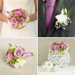 A handcrafted wedding bouquet in muted mauve, cream, and green is displayed as though waiting on a dressing table in a Golders Green townhouse. The dominant roses glow in soft mauve-pink tones, each bloom full and gently unfurling, with edges that curl slightly like the pages of a well-loved book. Between them, bright green button chrysanthemums peek through, adding rounded pops of colour and texture that feel as fresh as the lawns around Golders Green station on a spring morning. White lisianthus and other creamy flowers nestle in clusters, their fine, ruffled petals layering over one another to form a soft halo around the central roses. The bouquet has a rounded, structured shape, classic yet contemporary, with hints of airy foliage extending just beyond the mass of blooms to keep it light and elegant. The stems are carefully cut to an even length and wrapped in a neat band of satin ribbon, the pale pink and white binding giving the bride a comfortable, secure grip. Nearby lies the groom's boutonnière: a single white lisianthus or rosebud surrounded by wisps of greenery, tied with the faintest touch of lavender ribbon to mirror the bouquet's palette. Gentle lighting casts a warm glow over the arrangement, enhancing the petals' natural sheen and hinting at the fragrance of roses and fresh greenery ready for a wedding near Golders Hill Park or Temple Fortune. The composition captures the intimate excitement of a wedding morning, the shared look between partners, and the sense of thoughtful design that local florists bring to every Golders Green celebration.