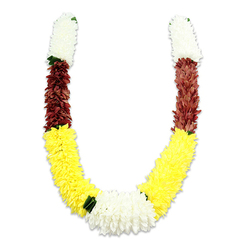 There is a quiet, ritual tenderness to this U-shaped floral mala, captured here on a stark white field so every colour and texture is read with clarity. Each arm begins with a compact ring of creamy white, petals so closely packed they make a soft, cushion-like band - the kind of white that reads as ceremonial calm and invites reverent touch. This white segment shifts into a rich, rust-maroon midband whose deeper hue anchors the composition, providing a warm, earthy resonance against the paler tones. Flowing down from the maroon is a long expanse of cheerful yellow, an exuberant field of marigold-resembling fabric blooms that curve gracefully to meet their opposite partner. The lowest point where the yellow arcs join is punctuated by a generous cluster of pristine white chrysanthemums, a luminous focal knot that brings balance and visual rest. Tiny dark green leaf accents act as quiet separators at several colour junctions, especially between the yellow and the lower white cluster, helping the eye travel along the garland's gentle curve. The piece reads as handmade expertise: thousands of fabric petals layered to simulate depth, with subtle shadowing and hand-stitched detail visible at close range. Although the garland is artificial, its textures suggest the outdoors - a soft, herbal memory rather than a fresh fragrance - and it carries all the ceremonial associations of a mala used in pooja, temple offerings, wedding ceremonies, or festival décor. A local maker in Golders Green might prepare such a garland for families gathering near Hoop Lane or for community events around Finchley Road, blending tradition with durable, carefully executed craft.