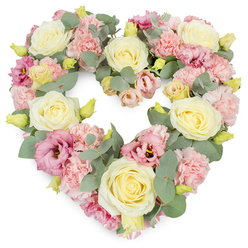 A meticulously crafted heart-shaped floral tribute fills the frame, set against a crisp white backdrop that allows every pastel detail to stand out. The heart is densely packed with blooms, dominated by generous ivory and pale lemon-cream roses whose velvety petals curl inwards like calm, quiet spirals. Nestled between them are clusters of light pink carnations, their ruffled heads bringing a soft, almost cloud-like volume to the design. Here and there, richer mauve and magenta-pink lisianthus flowers open more widely, their layered, slightly crinkled petals and darker throats adding a suggestion of depth and a gentle touch of drama. Silvery eucalyptus foliage winds through the wreath, the round leaves lying in small arcs that help define the heart's smooth contour and add a cool, herbal calm to the overall look. Small yellow-green buds are scattered discreetly throughout, hinting at unfurling life and the idea that love continues even through loss. The overall impression is of a lush, complete heart, with no bare spaces, symbolising love that feels whole and unbroken. As a local florist serving families around Golders Green Road and the quiet residential streets nearby, I recognise how often this style of wreath is chosen to say goodbye at funerals or memorial services, especially when someone wants a tribute that looks soft, modern, and deeply affectionate. The pastel pinks, creams, and greens combine to evoke serenity, remembrance, and gentle comfort, making this wreath suitable for farewell ceremonies, graveside tributes, or anniversary remembrances when emotions run high but one wishes to hold on to grace and beauty.
