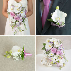 This four-image collage captures a coordinated wedding flower collection, all in dreamy whites, pinks, and purples that would suit an intimate ceremony anywhere around Golders Green, from a local shul to a stylish hotel near Brent Cross. In the top-left panel, the bride, visible from the bodice of her strapless white gown downward, holds a luxuriant cascading bouquet. Long arching stems of white phalaenopsis orchids fall forward, entwined with blush and soft pink roses, pale lavender blooms, baby's breath, and trailing greenery, creating a soft waterfall effect against the fabric of her dress. The top-right panel homes in on the groom's boutonniere pinned to a dark grey lapel. One flawless white orchid is framed by tiny lavender flowers and fresh green leaves, bound with a narrow purple ribbon that quietly picks up the rich magenta tone of his tie, giving a polished, modern touch. In the bottom-left panel, a single boutonniere lies on textured beige linen, its white orchid bud contrasted by airy white baby's breath, a hint of foliage, and a bright pink ribbon that adds a lively splash of colour, ideal for groomsmen gathering on a quiet side street off Golders Green Road. The bottom-right panel shows an opulent cascading arrangement displayed in a sculpted white woven vase, echoing the bride's bouquet with tumbling white orchids, layers of pink and lavender roses, dainty purple fillers, and misty baby's breath. Three white woven spheres rest nearby on the clean white surface, adding texture and balance, a look that Flowers Golders Green might create for a stylish reception close to Hampstead Heath.