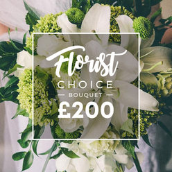 An intimate portrait of a luxurious Florist Choice bouquet, imagined in early spring light within a Golders Green studio. White lilies stand tall and pristine, their petals opening with a soft, satin sheen, while clusters of soft white blooms-ranunculus or spray roses-branch out to add cloud-like volume. The greens are alive with energy: lime-green spheres and textured accents that catch the eye, perhaps Green Trick dianthus or compact hydrangea, punctuating the white with a modern, fresh zing. Dark, velvety foliage-eucalyptus and ruscus-provides a lush backdrop, so the arrangement feels both airy and grounded, a quiet celebration in a single bouquet. An air of calm is amplified by the bouquet's relaxed form, as if the stems were gathered with the care of a bespoke wedding bouquet destined for a gold-toned marquee near Golders Hill Park or a ceremony along Finchley Road. The scene hints at a high-end gift, with the same white rectangular frame at the center overlaying the blooms: Florist Choice at the top in a flowing script, BOUQUET in uppercase below, and the price £200 in bold at the bottom. The image speaks to a commitment to quality, freshness, and dependable delivery across Golders Green and adjacent areas, making it ideal for anniversaries, birthdays, or celebrations big and small.