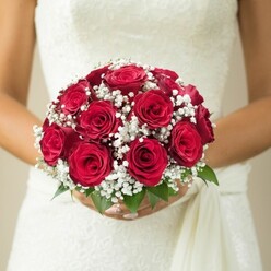 A vivid illustration of classic bridal elegance unfolds in this bouquet, captured as part of a Golders Green wedding morning. Central to the composition is a lush, domed arrangement of deep red roses-each petal richly saturated, curled tightly and elegantly around its heart, allowing subtle variations in shade and texture. These blooms, hand-selected by experienced florists familiar with occasions at local synagogues and venues, are interlaced with delicate sprays of baby's breath. The tiny, snowy blossoms glimmer like starlight amidst the rose garden, introducing a sense of gentle movement and providing a tender contrast that makes the reds even more striking. At the bouquet's base, a frame of crisp, vibrant green foliage adds structure and a breath of fresh garden scent, evoking early summer walks through Golders Hill Park. Nestled in the bride's steady hands-nails perfectly manicured-the bouquet glows against the textured white fabric of her gown, lacework catching the light with every subtle motion. A softly draped sash on the right recalls the gentle folds of cherished heirloom linens. With the background gently diffused to pale cream, the scene feels personal and serene, embodying the hope and celebration that mark weddings throughout Golders Green. This floral composition expresses timeless love-a keepsake arrangement that resonates deeply in the memory of such an important day.