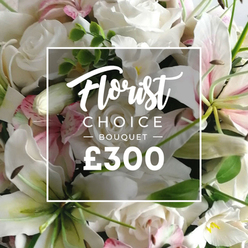 Imagined as a whispered note from a Golders Green studio, this Florist Choice Bouquet speaks in textures: the whiteness of roses and lilies - roses languidly opening, lilies bearing pink-tinged inner petals - juxtaposed with pale pink accents and soft green buds. The petals feel satin to the touch in memory, while the greenery adds depth like a quiet edge of a forest. The arrangement is dense and thoughtfully designed, as if a skilled hand guided each stem to its place, and the light lingers, giving the bouquet a gentle radiance. Across the center, the same white overlay holds court: Florist in a cursive flourish, CHOICE BOUQUET in clean uppercase, and the standing ?300 price. This image functions as a showcase for a premium, hand-picked design, perfect for meaningful gifts or for dressing a room with calm, refined charm. In Golders Green, near the leafy streets of Temple Fortune and Golders Green Road, customers can arrange delivery or same-day delivery to homes or offices, enjoying the experience of a locally beloved florist who blends classic elegance with contemporary styling. The bouquet's balance of white and soft pink, its airy yet substantial presence, and its understated fragrance combine to convey sincerity, hope, and celebratory warmth without being ostentatious.