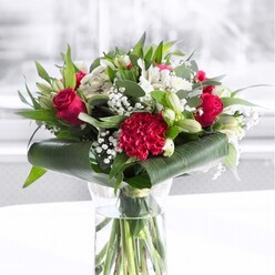 In this image, a sophisticated red and white floral bouquet commands attention from the centre of a clear cylindrical glass vase, the stems beneath the water standing straight and neatly trimmed like a well-kept avenue off Golders Green Road. Deep red roses form the romantic core of the arrangement, their velvety petals curving outward in tight, perfect rosettes that suggest both elegance and intensity. A large crimson carnation, richly ruffled and textured, is placed towards the front, drawing the eye with its intricate folds and slightly darker tone. Surrounding these are clusters of white and cream flowers: dainty white alstroemeria with speckled throats, round chrysanthemum blooms, and several white lily buds still closed, promising a slow unfurling of fragrance over time. Wisps of white gypsophila-baby's breath-are woven through the bouquet, their tiny blossoms creating a soft, airy halo that bridges the transition between the bold red and serene white blooms. Supporting this sea of petals is an abundance of greenery. Broad, shiny dark green tropical leaves are artfully curled and wrapped around the base, forming a structured collar reminiscent of careful floral work seen in boutique windows near the Golders Green underground station. Slender, pointed green leaves and eucalyptus-style foliage rise through the arrangement, adding height, texture, and subtle variation in tone from cool grey-green to bright, fresh green. The bouquet sits on a pristine white surface, with a bright, softly blurred background that hints at daylight filtering through a nearby window. The overall mood is uplifting and refined, perfect for celebrating important milestones, sending love to family in NW11, or bringing a polished, welcoming touch to a Golders Green office reception or dining table.