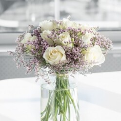 In this image, a luxuriously full bouquet of white roses and lilac statice rises from a clear glass vase, capturing the understated elegance often requested by customers in Golders Green. About a dozen roses form the heart of the design, each one a creamy, almost ivory white, with petals that curl outward in soft spirals, neither too tight nor fully open. They look freshly arranged, their edges smooth and unblemished, embodying that classic rose beauty associated with heartfelt occasions. Threaded among the roses are generous sprays of delicate statice in a pale lavender tone. These countless tiny blossoms cluster on slender stems, forming a fine, cloud-like veil that weaves in and out of the larger blooms, giving the bouquet a sense of light movement and gentle airiness. The stems are gathered neatly in a tall, cylindrical glass vase filled with clear water, the green stems aligned yet slightly varied, suggesting a hand-crafted touch from a local studio such as Flowers Golders Green. The vase stands on a pristine white surface, which reflects some of the natural light and intensifies the clean, modern aesthetic. Behind the bouquet, the background is out of focus, suggesting an indoor space with a large window letting in soft daylight, like a calm sitting room near Golders Green Road or a discreet office by Temple Fortune. The light washes over the petals, emphasising their subtle sheen and the delicate texture of the statice. The overall feeling is one of quiet sophistication and calm emotion, making this bouquet perfect for intimate celebrations, a tender thank-you, or a comforting arrangement sent to someone in need of a gentle, uplifting gesture.