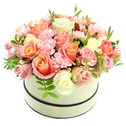 Imagine lifting the lid of a round cream hatbox - its matte surface interrupted by two slim, dark bands - to reveal a lush dome of roses and carnations arranged with attentive hands. The bouquet is dominated by large, velvety roses whose centres glow in warm coral-peach and apricot tones that ease outward into softer blush pinks and creamy ivory edges. Nestled among them are clusters of light baby-pink carnations, their ruffled petals creating delicate texture and depth against the smoother rose faces. Here and there, slender sprays of bright green foliage with elongated leaves peek between blossoms, offering a fresh, leafy cadence that keeps the composition from feeling too sweet. The lighting is soft and natural, catching the subtle gradients of colour and the gentle sheen of each petal, while the implied fragrance is a faint, powdery sweetness that seems to promise comfort more than extravagance. The overall effect is one of understated luxury and thoughtful intimacy - a design that reads as both celebratory and tender, perfect for a milestone birthday, an anniversary, or a quiet act of appreciation. For a local note, this arrangement pairs well with an afternoon stroll through nearby Hoop Lane or a pause at the green spaces around Finchley Road, bringing a little neighbourhood warmth into any room. The arrangement's precision - tight grouping, balanced hues, and considered foliage placement - reveals the hand of an experienced florist crafting a bouquet meant to be admired up close.