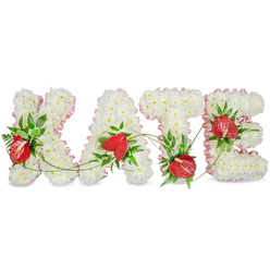 A lovingly made memorial tribute spells out the name KATE in bold, three-dimensional letters, each letter painstakingly composed from a dense layer of small white chrysanthemums whose cushiony heads form a pristine, textured surface evoking peace and purity. Against this soft white canvas, glossy red anthurium spathes - heart-shaped, waxy and vivid - are positioned as striking focal accents, their pale yellow spadices giving subtle vertical punctuation. Lush dark-green foliage, including ruffled fern fronds and broad glossy leaves, is artfully tucked around the anthuriums to add depth, shadow and botanical contrast; slender green vines gently thread between the letters, visually linking each character with a natural, flowing rhythm. A delicate pale-pink pleated ribbon trims the outer contours of the letters, creating a refined edge that softens the composition and adds a whisper of warmth. The whole arrangement sits against a bright white background with a soft drop shadow beneath each letter, lending a floating, respectful presence. As a seasoned florist in Golders Green, I picture this piece brought to a chapel near Golders Hill Park or placed at a service close to Golders Green Road, its simple palette and fine craftsmanship offering comfort. Flowers Golders Green prepares tributes like this with attention to texture, proportion and scent - the faint green, leafy perfume of fresh foliage threaded through the cool, crisp note of chrysanthemums - making it a dignified choice for funerals and commemorations in the local area.