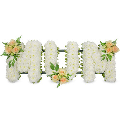 The image shows a refined funeral flower tribute spelling out MUM in bold, upright block letters, presented on a clean, bright white background that draws attention to every tiny detail. Each letter is densely filled with pure white spray chrysanthemums, their countless small petals overlapping to form a thick, cushion-like texture that suggests softness, comfort, and quiet dignity. The chrysanthemums are arranged so precisely that there are no visible gaps, only a gently undulating surface of white, edged by a neat dark green backing frame that subtly defines the outlines of each character. Resting delicately on this snowy base are three coordinated clusters of roses in gentle peach and blush tones, with a few creamier highlights. The roses vary from tight buds to open, spiralled blooms, giving a sense of natural movement across the tribute. One cluster decorates the top left of the first M, another sits low at the centre of the U, and the last cluster adorns the top right of the final M, providing a balanced, almost symmetrical flow from left to right. These focal points are cushioned by fresh green foliage, including light, airy fern fronds and sturdier dark leaves that echo the greens found in the tree-lined streets around Golders Green and Temple Fortune. The arrangement feels calm and heartfelt, clearly created as a bespoke expression of love for a mother who has passed away. It is the kind of sympathetic floral lettering that might be delivered to Golders Green Crematorium or a nearby synagogue, offering a tender, personal message of love, respect, and remembrance on the day of the funeral.