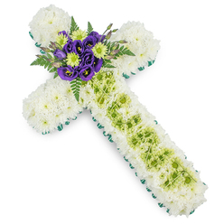 A large, beautifully composed floral cross for a funeral or memorial service is shown resting against a plain white backdrop, allowing every detail of the flowers to stand out clearly. The entire shape of the cross is built from densely arranged white chrysanthemums, their petals overlapping in layers that look soft to the touch, like a quilt of quiet light. This white foundation suggests peace and purity, evoking the stillness of an early morning walk through the quieter streets off Golders Green Road. Along the outer edges of the cross, a narrow band of vivid green foliage or ribbon traces the outline with precision, giving the design a clean, contemporary finish while emphasising the symbolic Christian form. Running down the length of the vertical arm, a central panel of lime green button chrysanthemums creates a gentle contrast against the white, their small, domed heads forming a subtle, rhythmic pattern. Over this green inset, fine, pale wires have been laid in a delicate criss-cross, like a refined lattice, adding a sense of crafted detail without overwhelming the flowers. At the intersection of the arms, a compact but striking arrangement of deep purple lisianthus blooms and bright lime green chrysanthemums forms the focal point. The lisianthus petals curl softly inward, their rich colour deepening towards the centre, while feathery fern fronds emerge behind them, giving the design movement and depth. This thoughtful floral cross, designed by a local Golders Green florist, feels both traditional and modern, perfect for honouring a loved one at a church service, synagogue-adjacent chapel, or crematorium nearby, sharing a message of faith, remembrance, and gentle comfort with family and friends.