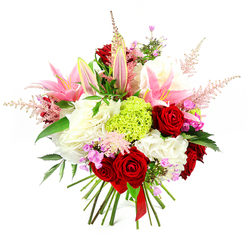 Set against a pure white backdrop, this luxurious hand-tied bouquet appears almost to float, its colours and textures reminiscent of a stroll through Golders Green on a bright spring day. The composition centres on lush, velvety red roses, their deep crimson petals spiralling inward to create a sense of drama and devotion. Around them, pink lilies open in broad, elegant stars, their soft petals blushed with deeper pink at the tips and fading to a paler throat, while several smooth greenish buds stand tall, promising more blooms to follow. Nestled among these statement flowers are generous clusters of ruffled white blossoms-likely garden-style roses or large carnations-forming a soft, cushion-like base that adds volume and a serene, clouded effect. Drawing the eye to the middle is a striking orb of lime green dianthus or similar textured carnation, its frilly, moss-like surface bringing a contemporary edge and an invigorating splash of fresh colour, much like the greenery around Brent Cross's quieter corners. Light pink astilbe plumes emerge delicately from within the bouquet, their feathery stems giving movement and an airy, whimsical outline. Scattered here and there are small fuchsia and lavender-toned flowers, which introduce subtle depth and playful highlights between the larger blooms. Dark green foliage, glossy and carefully trimmed, provides a rich backdrop and anchors the bright palette. The natural stems are tightly bound at the base with a smooth red satin ribbon, emphasising the hand-crafted nature of the design and the care taken in each placement. The overall impression is one of joyful opulence and intimate romance, ideal for special occasions, heartfelt congratulations, or as an elegant gift delivered to a home or business near Golders Green station.