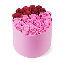 As a local florist standing in the Golders Green workshop, I see this arrangement as a modern romance-roses arranged in a sculptural, two-tone arc inside a soft pink hatbox. The deep red roses form a curved, crescent-like line at the top, as if cradled by the surrounding fuchsia blooms that fill the lower half. The hatbox is velvet-soft to touch, a pastel pink that makes the red seem more dramatic and the pink glow warmer. Each rose head is open, the petals arranged in tight spirals that catch the light and reveal a creamy inner blush. The stems are neat and evenly spaced, creating quiet abundance rather than crowding-a refined, gallery-like presentation that looks equally at home on a dining table in Temple Fortune or on a coffee table in a Hampstead Garden Suburb flat. The background stays clean and white, letting the colors breathe and the texture read as premium: velvet exterior, satin petals, a subtle fragrance that hints of romance without heaviness. This gift communicates celebration, love, and lasting affection, suitable for Valentine's Day, anniversaries, or a thoughtful surprise for someone special. It's a premium delivery piece, available for same-day delivery across Golders Green and nearby neighborhoods, showcasing the care and expertise of Flowers Golders Green while offering a graceful statement of style and sentiment.