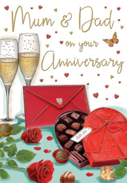 This romantic anniversary card illustration feels like a private table set for two somewhere just off Temple Fortune, capturing the essence of long-lasting love in Golders Green. In the foreground, a luxurious heart-shaped box of chocolates takes pride of place, its rich red lid propped open to show carefully arranged truffles in dark and milk chocolate. A wide, satin red bow curls across the box, its sheen catching the light as though it had been tied moments before. Beside it, two flawless red roses rest on the table, petals velvety and full, their deep ruby tones softened by a collar of lush green leaves. They look as if they have been chosen stem by stem by an experienced local florist, just as we would for a bespoke anniversary bouquet. Behind this indulgent pairing, two elegant champagne flutes rise gracefully, each glass filled with pale golden fizz, bubbles rising in gentle streams that suggest the sound of a quiet clink and a whispered "cheers." The glasses reflect a soft, warm light, giving the impression of an evening celebration at home after a delivery has arrived from a favourite Golders Green flower shop. Around the scene, tiny gold accents and floating red hearts drift across the background, adding movement and a sense of playful romance. A scarlet envelope, neatly sealed and placed at the base of the composition, hints at a heartfelt message, perhaps remembering shared walks through nearby parks or cosy dinners in the neighbourhood. The overall mood of the card is rich, inviting, and tender, evoking the sweetness of an anniversary marked with roses, chocolate, and champagne.