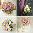 This four-part wedding collage captures a harmonious floral story in soft pinks, lavenders, and fresh greens, as though styled for a chic celebration in and around Golders Green. In the upper-left frame, a bride's white lace bodice is just visible while she holds a full, rounded bouquet close to her waist. Layers of light pink and lilac-toned roses, some in tight buds and others fully unfurled, mingle with bright green button chrysanthemums, pale pink alstroemeria flecked with yellow, and delicate tufts of white baby's breath. The blooms sit against deep green foliage, creating a lush, romantic texture that feels both modern and timeless. The upper-right panel moves in close to a charcoal grey suit jacket, where a single blush rosebud becomes the star of a compact boutonniere. It is framed by miniature green chrysanthemums, lace-like gypsophila, and slender blades of grass, all finished with a neatly wound pink ribbon that echoes the rich fuchsia tie-an elegant touch for a groom heading to a ceremony near Golders Hill Park. In the lower-left, the bouquet is laid horizontally on a soft beige, linen-like fabric, allowing the viewer to appreciate the craftsmanship of the hand-tied stems wrapped smoothly in fuchsia ribbon, the heads of the roses and chrysanthemums spilling forward in a gentle curve. Finally, the lower-right image shows the same colour palette reimagined as a stylish table centrepiece: a rounded cluster of roses, green chrysanthemums, pink alstroemeria, and baby's breath nestled into a decorative white lattice sphere. Two smaller woven orbs sit beside it, creating a serene, coordinated table setting ideal for wedding receptions across Golders Green.