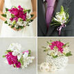 A romantic four-image wedding collage celebrates a single floral theme interpreted in different ways, using vivid fuchsia-pink peonies and clean white alstroemeria with fresh greenery, perfect for a celebration in and around Golders Green. In the top-left frame, the bride is shown from the shoulders down in a white strapless gown, her fingers gently curved around a lush, domed bouquet. The flowers are tightly massed: ruffled peonies in a rich magenta hue, elegant white Peruvian lilies finely freckled with maroon, and small spiky green blossoms that add texture and sparkle, all edged by deep green leaves that fan out slightly at the base. The light picks up the satin of the dress and the soft sheen of each petal, evoking the anticipation of walking up the aisle in a synagogue or registry office off Golders Green Road. To the top-right, the groom's charcoal jacket fills the frame, accented by a smooth lavender tie. His boutonniere is a scaled-down echo of the bridal bouquet-white alstroemeria, tiny green buds, and foliage-neatly wired and wrapped in a narrow lavender satin ribbon, sitting cleanly against the dark lapel. The bottom-left image shows a smaller bouquet, perhaps for a bridesmaid or maid of honour, lying on a neutral beige fabric. It repeats the same colour story with fuchsia peonies, white lilies, and fresh green touches, the stems tightly bound in lavender ribbon for easy carrying between ceremony and reception near Brent Cross. The final panel, bottom-right, captures a compact centrepiece: pink peonies and white alstroemeria gathered in a white, lattice-woven spherical vase, flanked by three pale woven spheres. This decorative grouping suggests how the wedding flowers can extend naturally onto guest tables, cake tables, or welcome areas, creating a unified look from aisle to reception.
