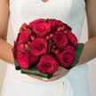 A dramatic bridal bouquet of cardinal red roses and glossy berries rests as if paused between breaths, the moment just before a bride walks down the aisle in Golders Green. Each rose is fully open yet perfectly formed, its velvety petals unfolding in mesmerising layers that suggest both strength and tenderness. Tucked between these luxurious blooms are clusters of red hypericum berries, smooth and rounded, like tiny drops of lacquer that add texture and a subtle sparkle when they catch the light. Encircling the intense red heart of the bouquet is a collar of folded aspidistra leaves, their strong, deep green lines wrapping around the flowers in an elegant, contemporary embrace. The leaves look polished and sturdy, giving the bouquet a sense of structure and intention, as if every angle has been considered by an experienced florist working just off Finchley Road. In the soft, diffused light, the reds deepen to the tone of velvet theatre curtains, while the greens remain cool and grounding, reminiscent of the calm, leafy paths of nearby Golders Hill Park. You can almost imagine the gentle rustle of the foliage and the faint, sweet fragrance of fresh roses rising with each step the bride takes. Crafted with the precision of a local artisan familiar with weddings across Golders Green synagogues and registry offices, this bouquet feels both classic and current. It carries an air of celebration and devotion, like a promise held in the hands-rich in colour, layered in texture, and designed to be remembered long after the last petal has fallen.