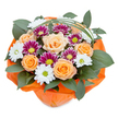 A radiant and meticulously composed bouquet, presented on a clean white background, captures the cheerful character of Golders Green in every detail. Illuminated by soft, natural light, the bouquet centres on full-bodied roses showing a harmonious blend of gentle peach and energetic orange, their petals unrolling with classic grace. Encircling these are groupings of vivid magenta-purple chrysanthemums, displaying a starburst of slender petals around lively lime-green centres, while fresh white daisy-like blooms punctuate the arrangement, their crisp petals and greenish eyes lending lightness and balance. Lush, glossy dark green foliage surrounds the flowers, creating depth and a sense of natural abundance evocative of strolls through Golders Green's leafy avenues. Slender, looping strands of bear grass sweep across the bouquet, adding refined movement and a touch of sophistication. At the base, bright orange cellophane is gathered and crinkled, its sparkle complementing the warmth of the roses above and completing the composition with a celebratory flourish-just right for birthdays, thank-yous, or local deliveries throughout Golders Green. With its carefully balanced palette and fresh, vibrant textures, this bouquet effortlessly channels the artistry and heartfelt community connections found right here in NW11.