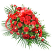 Set against a crisp white background, this grand red floral spray extends in an elegant, tapered line, the kind of tribute often chosen for a casket or to stand beside the lectern at a memorial gathering. The arrangement is dominated by deep red roses, some still cupped in bud and others fully open, their velvety petals forming rich spirals of colour that draw the eye to the centre. Tucked closely around them, red carnations contribute a soft, frilled texture that feels comforting and abundant, while bright red gerbera daisies with dark centres bring a bolder, more graphic note, their flat, daisy-like faces adding rhythm and visual interest. Throughout the red blooms, small tufts of fine white filler flowers - perhaps baby's breath or tiny chrysanthemums - offer pinpoints of light, gently softening the intensity of the crimson tones. Near the top of the spray, a wide red satin ribbon is fashioned into a generous bow, its polished loops and trailing ends slipping gracefully through the roses and carnations, like a ribbon of remembrance. All of this is supported by a generous bed of greenery: long, sweeping palm leaves thrust out from the base and sides, defining the spray's elongated outline, while compact, darker leaves such as salal or ruscus fill the interior generously. A few fern-like fronds add lacy detail at the edges. The overall impression is of a dignified, passionate farewell, the kind of lovingly prepared tribute you might see delivered to a chapel in Golders Green or a quiet family home near Childs Hill, where flowers speak of devotion, gratitude, and lasting memory.