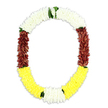 A ceremonial floral garland in an open U-shape is displayed against a clean white backdrop, its colours and textures unfolding with quiet dignity, much like the thoughtful tributes created for families in Golders Green. The upper curve is a dense sweep of pure white blossoms, reminiscent of small chrysanthemums or strings of jasmine, each bloom threaded so tightly that together they form a soft, cloud-like band that feels peaceful and contemplative. From that serene white arch, the garland flows smoothly into robust columns of deep maroon and reddish-brown petals on either side, their velvety richness adding weight and solemn grace, the kind often chosen for funeral flowers delivered to homes and places of worship near Finchley Road and Temple Fortune. Along the bottom, the design opens into a wide band of bright, golden-yellow flowers, radiating a gentle warmth that suggests comfort, remembrance, and the promise of light after loss. Delicate touches of green foliage punctuate the transitions between colours, especially where the white meets maroon and where yellow melts into small white and green highlights, giving the eye somewhere soft to rest and evoking the scent of fresh leaves and petals. The overall structure is full and meticulously even, suggesting either very fresh blooms or expertly crafted artificial flowers intended to last through a long ceremony. Echoing South Asian and Southeast Asian traditions, the garland feels perfectly suited to temple offerings, funeral rites, or commemorative gatherings in Golders Green. Its carefully balanced palette of white, maroon, and yellow speaks of honor, spiritual connection, and a tender farewell, as if each tiny flower has been threaded with a private blessing.