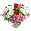 This image shows a full, dome-shaped bouquet of fresh flowers set against a simple white background, the kind of hand-tied design you might receive from a trusted Golders Green florist on a special day. At the centre, two rich, deep red roses stand proudly, their velvety petals folded in tight spirals that convey passion, respect, and heartfelt emotion. Encircling the roses is a layer of white daisy-like chrysanthemums, each bloom radiating crisp white petals around a striking lime-green centre, creating a lively, contemporary contrast that instantly draws the eye. Woven among these are numerous light and medium pink daisy chrysanthemums, mirroring the green centres but adding a softer, more romantic tone, as if the bouquet itself were blushing. Fine sprays of pale pink waxflowers meander delicately through the arrangement, their tiny, starry blossoms and visible stamens bringing an almost frothy texture, reminiscent of wildflowers gathered from a meadow rather than a city street near Golders Green station. The flowers are framed and supported by an abundance of green foliage, including broad, glossy leaves and smaller, brighter greens that peek through the petals and give the bouquet a lush, freshly picked feel. At the base, the stems are gathered tidily, cut to an even length and bound together, ready to be placed straight into water in a vase in a flat near Golders Hill Park or along Finchley Road. The overall effect is joyful yet refined-perfect for expressing love, gratitude, congratulations, or a warm thinking of you to someone special in the local area.