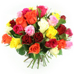 A richly coloured, hand-tied bouquet of roses fills the image, presented against a spotless, bright white background that allows every nuance of colour to sing. The blooms are densely clustered into a generous, rounded mound, giving the impression of abundance and care, as if freshly arranged in a trusted Golders Green flower shop. Deep, romantic red roses sit alongside jewel-bright fuchsias, soft shell-pink blossoms, and gentle blush tones, warmly contrasted by clear, cheerful yellows and embers of orange that bring a sense of excitement and celebration. Creamy ivory roses are scattered throughout, providing a soothing balance and softly bridging the bolder hues. The petals appear thick and velvety, some fully open and nestling closely together, others still forming tighter spirals at their centres, suggesting a bouquet that will continue to unfold over the next few days in someone's living room or hallway. Between the blooms, dark green leaves appear in small, intentional flashes, adding structure and a sense of natural freshness. Beneath the dome of colour, the straight green stems are neatly gathered and tied with a green and white checkered ribbon, reminiscent of a classic picnic cloth or traditional English garden styling. The stems flare gently where they touch the white surface, underscoring the hand-crafted nature of the design rather than a rigid, factory-made look. Bright, diffused lighting enhances every tone without creating glare, making the roses appear luminous and newly cut. The bouquet radiates happiness, romance, and gratitude, suitable for celebrations across Golders Green, from cosy family gatherings near Hampstead Garden Suburb to surprise doorstep deliveries for friends and loved ones.