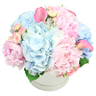 Against a spotless white background, a round white hatbox brims with a perfectly mounded bouquet of pastel flowers, arranged so densely that the blooms seem to spill just beyond the rim. The palette centres on soft baby blues and gentle pinks, creating a calm, romantic mood that feels both fresh and timeless. At the forefront, large pink peonies unfold in plush layers, each flower a swirl of ruffled petals that suggests luxury and tenderness. Cradling and surrounding them, airy clusters of light blue hydrangeas form generous domes of tiny blossoms, giving the arrangement its cloud-like volume and a cooling, serene presence. Threaded through these larger forms are clusters of blush spray roses, their small, tightly curled buds and partially opened blooms bringing fine detail and a sense of budding promise. Two striking pink calla lilies rise elegantly from the pastel mass-one leaning towards the upper left and another to the right-adding a contemporary twist with their smooth, sculptural trumpets and saturated colour. A glimpse of deep green foliage at the base offers subtle contrast, anchoring the softness of the design. The hatbox, smooth and minimal with a faint ridge circling its top, functions like a modern vessel you might see on a tasteful windowsill near Golders Green station or on a dining table in a flat off Hoop Lane. The arrangement radiates gentle celebration and thoughtful care, perfectly suited to welcoming a new baby, sending comfort to a family in nearby Brent Cross, or simply brightening a quiet afternoon at home with a touch of local, pastel elegance.