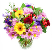 A vibrant, overflowing bouquet stands proudly in a clear glass vase, photographed against a spotless white background so that every detail appears crisp and luminous. At its heart, luxurious deep red roses with plush, velvety petals provide a rich, romantic anchor, their classic beauty suggesting sincere affection and care. Flanking them are two bright yellow gerbera daisies, their large, cheerful faces and dark brown-orange centres shining like small suns, instantly adding energy and optimism. Around these focal flowers spreads a generous ring of soft pink daisy-style chrysanthemums, each bloom a cluster of fine petals around a tiny yellow eye, creating a gentle haze of colour that enhances the feeling of abundance. Threaded gracefully through the pinks and reds are purple and lavender lisianthus, with elegant, bell-shaped blossoms and slightly ruffled edges that lend sophistication and depth, echoing the calm, refined character of nearby Hampstead Garden Suburb. Scattered throughout the bouquet, glossy bright red hypericum berries nestle between petals, their rounded forms adding playful texture and a contemporary touch. The arrangement is richly supported by layers of green foliage: broad, dark leaves lend structure and contrast, while lighter green sprigs introduce movement and freshness, as if a breeze from Golders Green's open spaces had just brushed through. Through the transparent sides of the vase, the stems are neatly trimmed and fanned out in clear water, underscoring the professional craftsmanship and care behind the design. This joyful composition feels perfect for marking milestones-a birthday surprise delivered to a flat off Golders Green Road, a congratulatory bouquet for a new job, or simply a radiant arrangement to brighten a loved one's living room with colour and life.
