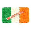 A dignified funeral tribute shaped like the Irish flag is shown in a clear overhead view, resting against a bright white backdrop that emphasises every colour and texture. The arrangement is rectangular and divided into three equal vertical segments: the left side is a vivid green expanse of tightly clustered small blooms, giving a rich, textured appearance like a freshly mown lawn in early spring. The centre is filled with snow-white flowers, their petals overlapping to form a smooth, serene surface that conveys quiet respect and peace. On the right, a striking band of bright orange flowers completes the tricolour, the hue cheerful yet dignified, evoking warmth and cherished memories. Draped diagonally across the middle and right sections, from lower left to upper right, is a glossy coral-red ribbon, its satin surface catching the light in soft highlights. The word GRANDAD is printed in large, silver-toned capital letters, perfectly spaced and highly legible, serving as the emotional focal point of the piece. Small white pins or button-like details secure the ribbon into the white floral area, subtle signs of the careful craftsmanship behind the tribute. The overall mood is one of honour, remembrance, and cultural pride-an ideal arrangement for a family with Irish connections gathering in Golders Green for a final farewell. One can almost imagine the gentle rustle of the flowers as they are carried into a quiet service, the fresh, green scent mingling with whispered condolences, and the comforting sense that both personal love and national identity are being tenderly acknowledged in this single, beautifully composed floral flag.