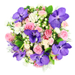 Viewed from directly above on a spotless white background, this bouquet reads like a carefully painted circle of colour, every stem placed with intention, as if arranged in a quiet Golders Green flower studio before heading out for same-day delivery. Dominating the design are sumptuous Vanda orchids, their large petals saturated in velvety purple with intricate, darker violet speckles and veins that give each bloom the depth of a gemstone. They punctuate the bouquet like luxurious accents, adding drama without overpowering the rest of the flowers. Encircling them, layers of classic roses unfold in soft blush and pastel pink tones, with a few creamy roses threaded through for added light and contrast. The roses vary from tight buds to fully opened heads, creating a sense of movement and natural ease, as if the bouquet is caught between morning and full afternoon bloom along the tree-lined streets near Finchley Road. Among these larger flowers sit delicate clusters of small white blossoms - daisy-like and airy - which lift the palette and add fine, feathery detail at every turn. Creamy white hypericum berries, smooth and rounded, are tucked thoughtfully between petals and leaves, their pearl-like appearance adding subtle texture you can almost feel. A full collar of rich dark-green foliage, combined with scattered sprigs of silvery, velvety leaves, grounds the design and introduces cool, garden-fresh notes. The overall look is refined yet welcoming, the kind of bouquet that would make a graceful centrepiece for a dinner party in Golders Green or a heartfelt gift for an anniversary, engagement, or special birthday, radiating both modern elegance and timeless romance.