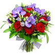 This bouquet reads as a celebration of contrasts and harmony, a living study of colour and texture that feels tailored for a grand gesture in Golders Green. The scarlet roses blaze at the heart, their velvety petals unfurling in perfect spirals that embody passion and warmth. Nestled among them, deep purple Vanda orchids spread like wings, their broad petals lacquered with speckled hints that catch the light with a refined sparkle. Sprays of lisianthus in pale lavender and almost silvery white provide a cool counterpoint, while soft green buds and pale filler greens hint at growth and renewal. The greenery is abundant-glossy, dark leaves frame the blooms and give the arrangement a lush, garden-like presence, with slender stems and tiny sprigs adding delicate texture throughout. The bouquet is tied with a decorative dark mesh ribbon that lends contemporary edge without stealing attention from the flowers themselves. I imagine the scent-rose, orchid, fresh foliage-lingering in a bright room as a romantic ode or a celebratory toast. Thoughtful, balanced, and artistic, this arrangement is ideal for anniversaries, milestone birthdays, or as a statement gift in a Golders Green home or event space. It's a testament to skilled floristry, a piece that invites calm admiration and a sense of refined celebration for the people you care about in our area. Fitting for delivery across Golders Green and neighboring streets, this bouquet arrives with the unmistakable freshness that our local florist is known for, ready to brighten a living room, dining table, or entryway.