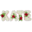 A beautifully composed, three-dimensional floral tribute spells the name KATE in bold capital letters, each letter built from a dense, cloud-like mass of small, pristine white chrysanthemum blooms. The chrysanthemums create a soft, tactile surface that reads as pure and reverent against the clean white background, while a narrow, pale pink satin ribbon gently pleats along the outer contours, lending a refined, almost whisper-soft edge to each form. Atop each letter a single deep red rose provides a dramatic centrepiece: the rose on the K is nestled on the lower part of its left vertical stroke, the A carries its rose at the triangular peak, the T's rose sits at the base of the left side of its horizontal crossbar, and the E's crimson bloom rests on the middle horizontal bar. Each rose is framed by a generous sweep of fresh green foliage - glossy broad leaves paired with delicate fern-like sprigs - which introduces movement and depth, softening the block letters and creating natural lines that draw the eye.
Soft studio light highlights the varied textures: the chrysanthemums' tight petals, the satin ribbon's subtle sheen, and the velvety, saturated petals of the roses, while a faint, floral scent seems to linger in the air. This arrangement reads as a tender, personalised memorial piece, ideal for a funeral or celebration of life where clarity, respect and affection are paramount. As a local floral design one might encounter in Golders Green near Golders Hill Park or along Golders Green Road, the tribute balances classic sympathy colours - pure white, deep crimson and fresh green - to convey love, purity and lasting remembrance with quiet, dignified artistry.