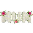 Set against a plain white background, a carefully designed MUM floral tribute appears calm and composed, as though ready to be placed beside a coffin or at a memorial in Golders Green. The three capital letters are formed on a low dark green frame that subtly peeks out at the base, offering structure without distracting from the flowers. Every surface of each letter is thickly encrusted with small white chrysanthemums, their petals overlapping tightly to create a soft, velvety texture that invites a sense of quiet reflection. The white blooms provide a pure, unbroken canvas, their compact heads giving a cushion-like appearance that reads clearly from across a chapel aisle or graveside. To break the expanse of white and introduce gentle warmth, three coordinated floral clusters are arranged along the word. On the upper left corner of the first M, a vivid fuchsia garden rose opens wide, joined by smaller light pink spray roses and airy green fern fronds that curl softly around the edges. A similar cluster is nestled at the lower centre of the U, almost as if it is cradling a memory, while the final group sits on the upper right corner of the last M, echoing the first and creating a balanced symmetry. The rich pink tones and feathery ferns provide depth, movement, and a feeling of living garden beauty, reminiscent of the leafy residential streets around Golders Green. The tribute as a whole communicates love, gratitude, and a dignified farewell, capturing the tenderness families often wish to express when saying goodbye to a cherished mum.