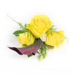 A wearable little masterpiece for a special day: three buttery yellow roses form the heart of this corsage, one fully open in the centre flanked by two gently unfurling buds, each rose cheekily set with a small clear faceted rhinestone that catches the light. Beneath them a single deep plum calla lily unfurls in a graceful S-curve, its satiny, almost black-berry tone providing a dramatic counterpoint to the sunny blooms as it curls down and to the left. The composition is softened by airy asparagus fern fronds that feather through and around the flowers, while broader, glossy dark-green leaves give the piece structure and a grounding silhouette. Little white button chrysanthemums nestle close to the roses like tiny, creamy smiles, and a pair of closed green buds peek from the lower right, promising more life to come. Behind the left-most rose a whisper of white sheer lace or feathery tulle lifts the arrangement, adding a hint of vintage romance against the clean white studio background. The scent is quietly feminine-fresh rose warmed by green notes from foliage and the cool, mineral shimmer of rhinestones under soft lighting-evoking a sunny late-spring afternoon in Golders Green. Designed to be pinned to a lapel or wrist for weddings, proms, or celebratory services, this corsage balances bold colour with refined craftsmanship, offering a confident, joyful accent that reads clearly at close range and in photographs alike.