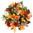 A close, overhead portrait of a lush autumn bouquet that seems to hold a late-afternoon harvest in its center. The composition is dominated by full, trumpet-shaped orange lilies-each petal unfurling with a satiny sheen-and a constellation of tightly furled lily buds in pale orange and fresh green that promise unfolding blooms. Bright orange Gerbera daisies sit like warm suns beside deeper, wine-red gerberas whose ray-like petals spiral toward dark, cheerful centers. Scattered between them are soft, ruffled ivory Lisianthus blooms adding moments of gentle contrast, while fine sprays of muted purple Astrantia lend delicate, star-shaped texture that catches the eye like spun dusk. Broad, lobed reddish-brown leaves, reminiscent of fallen oak, are artfully layered through the arrangement, giving the bouquet a distinctly autumnal silhouette, together with glossy green foliage and slender stems that provide structure and a lively backdrop. The bouquet is tightly packed and impeccably fresh, lit evenly against a crisp white background so every hue-from pumpkin orange to burgundy and moss green-reads with vivid clarity. The overall effect feels warm, celebratory and grounded, as if gathered on a walk through Golders Hill Park or from a market stall on Golders Green Road on a brisk October morning. Texturally rich and fragrant with soft floral notes and an earthy undercurrent, this arrangement would work beautifully as a Thanksgiving centerpiece or a thoughtful gift to bring the season indoors. The craftsmanship is confident and considered, the palette comforting and abundant, perfect for anyone who loves the brisk, golden intimacy of autumn.