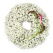 A refined funeral wreath is shown in clear, high-contrast detail, lying flat against a pure white backdrop so that its shape and texture are fully visible. The wreath is formed from a mass of Baby's Breath, with thousands of tiny white Gypsophila blossoms gathered tightly into a continuous ring. Their miniature blooms and fine stems interlock to create an almost cloud-like surface, soft and airy to the eye, with subtle hints of green hidden beneath the white. The ring frames an empty, circular centre, a calm, unbroken opening that suggests space for reflection and memory. On the right-hand side of the wreath, a pair of calla lilies adds a bold accent of colour and form. Their long, slender stems curve gently out of the Baby's Breath, leading to sleek, trumpet-shaped flowers whose petals move from rich burgundy and magenta at the rolled tips into muted green along the lower portions. The callas' smooth, sculptural lines stand in deliberate contrast to the fluffy texture of the Gypsophila, lending the design a contemporary, almost artistic quality. Bright, even lighting enhances the crisp whites and deep tones, giving the composition a serene, gallery-like feel. This wreath would be a fitting tribute for a funeral or memorial in Golders Green, perhaps placed beside a photograph or candle during a service. Its restrained palette and thoughtful styling convey respect, love, and quiet support, reflecting the kind of carefully considered sympathy flowers that local families often choose when words alone are not enough.