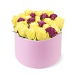 In a pristine studio light, a vibrant and luxurious floral arrangement rests in a round light pink gift box with a soft, matte texture. The box occupies the lower half of the frame, anchoring a dense, domed cluster of approximately 30 to 40 fresh roses. The majority are bright, sunny yellow, their petals still tightly furled, exuding freshness, warmth, and a mood of celebration. Interwoven among the yellows are deep purple or burgundy roses, adding a regal contrast and a sense of depth that draws the eye inward. The blooms press slightly beyond the box edges, creating an abundance that feels generous and gift-ready. The white background serves to illuminate every color, letting the yellow and plum tones glow with clarity and crispness. The soft pink box, with its velvety, satin-like finish, complements the roses and enhances the premium feel of this arrangement, ideal for luxury flower delivery or a special occasion. The overall impression is one of friendship, affection, and joyful sophistication, a thoughtful present for birthdays, anniversaries, or heartfelt moments. Crafted with care by a local florist who understands Golders Green's sense of style, this bouquet embodies a refined warmth that can brighten a doorstep on any sunny morning. Available for same-day delivery across Golders Green and the surrounding neighbourhoods, it's a confident gift that says you care.
