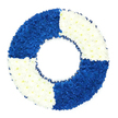 A carefully composed photograph captures a circular floral wreath styled as a traditional sea-rescue lifebuoy, placed against a clean, white studio background so that the colours and textures are clearly defined. The ring itself is formed from an abundance of small, tightly packed flowers, most likely fresh chrysanthemums, which together create a dense, rounded surface that feels both soft and solid. The arrangement is neatly divided into four equal segments, alternating between deep royal blue and immaculate white blooms, echoing the painted bands on a classic life ring. The blue quadrants are velvety and intense, while the white sections gleam with a cool brightness, creating a balanced rhythm of colour around the circle. Along the inner edge of the wreath, just before the central opening, runs a narrow strip of dark blue ribbon, gently pleated so it forms a delicate frill that emphasizes the hollow centre without dominating the design. The lighting is even and gentle, highlighting the layered petals and giving the flowers a fresh, just-arranged appearance. Emotionally, the piece conveys calm strength and comfort, a fitting choice for a funeral or memorial service in Golders Green for someone whose life was intertwined with the sea or who was known for supporting and 'saving' others in times of need. Prepared with the care of a skilled local florist, this life ring wreath would be suitable for delivery to Golders Green Crematorium, a local synagogue, or a family home, offering a poignant symbol of guidance, remembrance, and the hope of safe passage on a final journey.