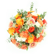 Captured directly from above against a spotless white backdrop, this bouquet appears as a perfect circle of colour and texture, showcasing the artistry of Flowers Golders Green. The arrangement is tightly composed, brimming with warm hues that echo the golden light over nearby Golders Hill Park on a clear evening. At its core, roses in deep gold, sunny yellow, and striking tangerine command attention, their smooth, layered petals forming precise spirals that seem almost sculpted. Woven between them, plush carnations in peach and bright tangerine shades add a soft, ruffled dimension, their frills creating a sense of movement and gentle volume. Gerbera daisies contribute a playful energy, their flat, ray-like petals fanning out in soft peach and light orange, with some blooms showing faint pink centres that lend a tender, romantic note. Scattered delicately throughout are tiny clusters of white and pale green filler flowers, reminiscent of astrantia, which introduce fine detail and help to break up the larger, bolder heads. The flowers are wrapped in a collar of mixed greenery, including rounded, silvery-green eucalyptus leaves and rich green foliage, offering a cool contrast and suggesting a fresh, aromatic scent. The even, bright lighting on the white background ensures that the warm colours appear vivid and clear, without distraction, allowing the bouquet's fullness and balance to shine. The overall impression is one of overflowing joy and heartfelt celebration, making this arrangement perfectly suited to mark milestones, send uplifting wishes, or become a glowing centrepiece in homes and offices across Golders Green, Childs Hill, and the surrounding neighbourhoods.