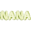 A tender, three-dimensional floral tribute spells the word NANA in crisp, garden-white chrysanthemums, photographed against a clean white backdrop. Each capital letter is built from hundreds of small, button-like chrysanthemum heads so tightly clustered that the surface reads as a soft, pillowy carpet of petals; the tiny florets catch the light and suggest a delicate, powdery scent even though the image is silent. A lively, pleated green trim-crafted from fresh foliage and ribbon-follows the contours of every character, a clear, verdant outline that makes the white letters appear to float with gentle definition. The overall composition feels sculptural and quiet, with even, bright lighting lending a subtle three-dimensional depth and shadow that reveals the careful handwork of the florist. This is an arrangement meant for remembrance: the purity of white chrysanthemums paired with the springlike green edge conveys calm, respect, and a sense of renewal. The styling and scale suit placement at a memorial table, beside a coffin or at a graveside service, and the understated palette keeps the focus on the name and the sentiment it carries. As a Golders Green florist might explain while wrapping an order for the local community, the piece evokes soft morning light across Golders Hill Park or the hush of a service on Golders Green Road, offering comfort through familiarity and craftsmanship. The work reads as both personal and ceremonial, a quiet, loving farewell to a grandmother who mattered deeply.