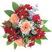 A bouquet arranged in Golders Green, this vibrant creation celebrates the union of contrast and harmony. Peach roses-softly coiled, aglow with gentle colour-nestle amid clusters of rich, velvety red chrysanthemums, each surrounded by luminous green-yellow centres that spark with energy. The playful dance of tiny white baby's breath throughout the bouquet softens the deeper hues, reminiscent of light drifting through the broad canopies in Golders Hill Park after rain. Lush, dark leaves create a strong, supportive framework, while cool eucalyptus sprigs slip through with their trademark silvery-blue, infusing herbal freshness and delicate movement. Along the left, a singular reddish-brown, spiky element adds intrigue and modern elegance, suggesting a nod to the neighbourhood's diverse botanical influences. The entire arrangement forms a lush, rounded whole-its colours, textures, and scent (a subtle blend of rose, earth, and eucalyptus) evoking gentle optimism and the joys of celebration. Whether to mark a birthday, offer congratulations, or simply bring a sense of renewal to a Golders Green living room, this bouquet expresses beauty, warmth, and thoughtful local craftsmanship in every carefully placed petal.